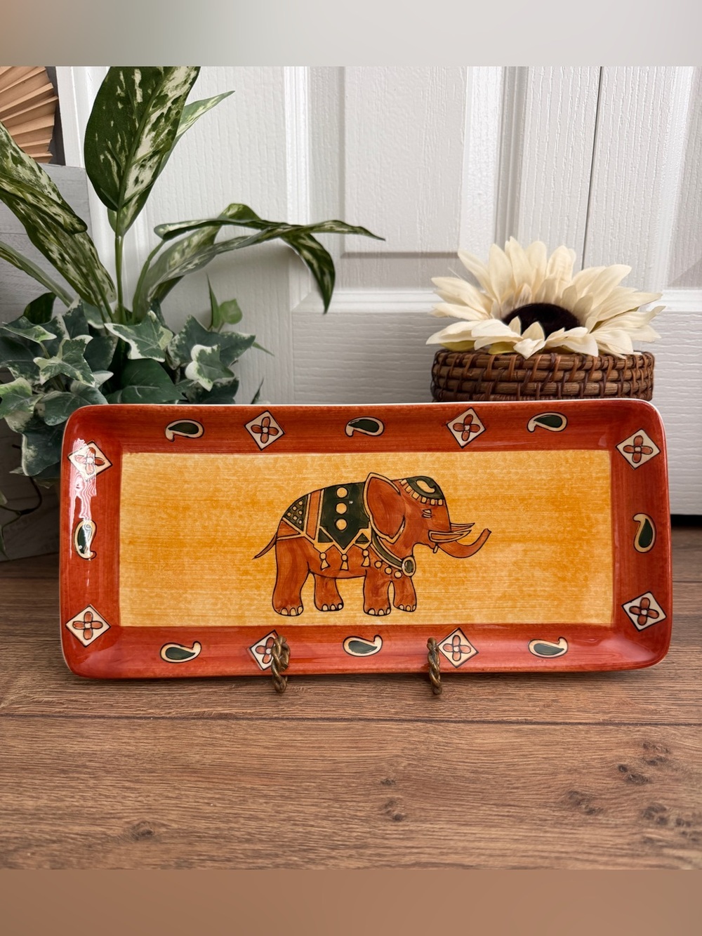 Vintage Pier 1 Imports Ceramic Terracotta Elephant Pattern Serving Platter